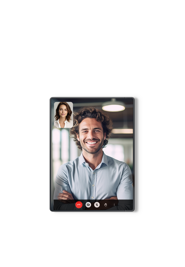 An image of a person holding a tablet with both hands, simultaneously conducting a video call and writing meeting notes.