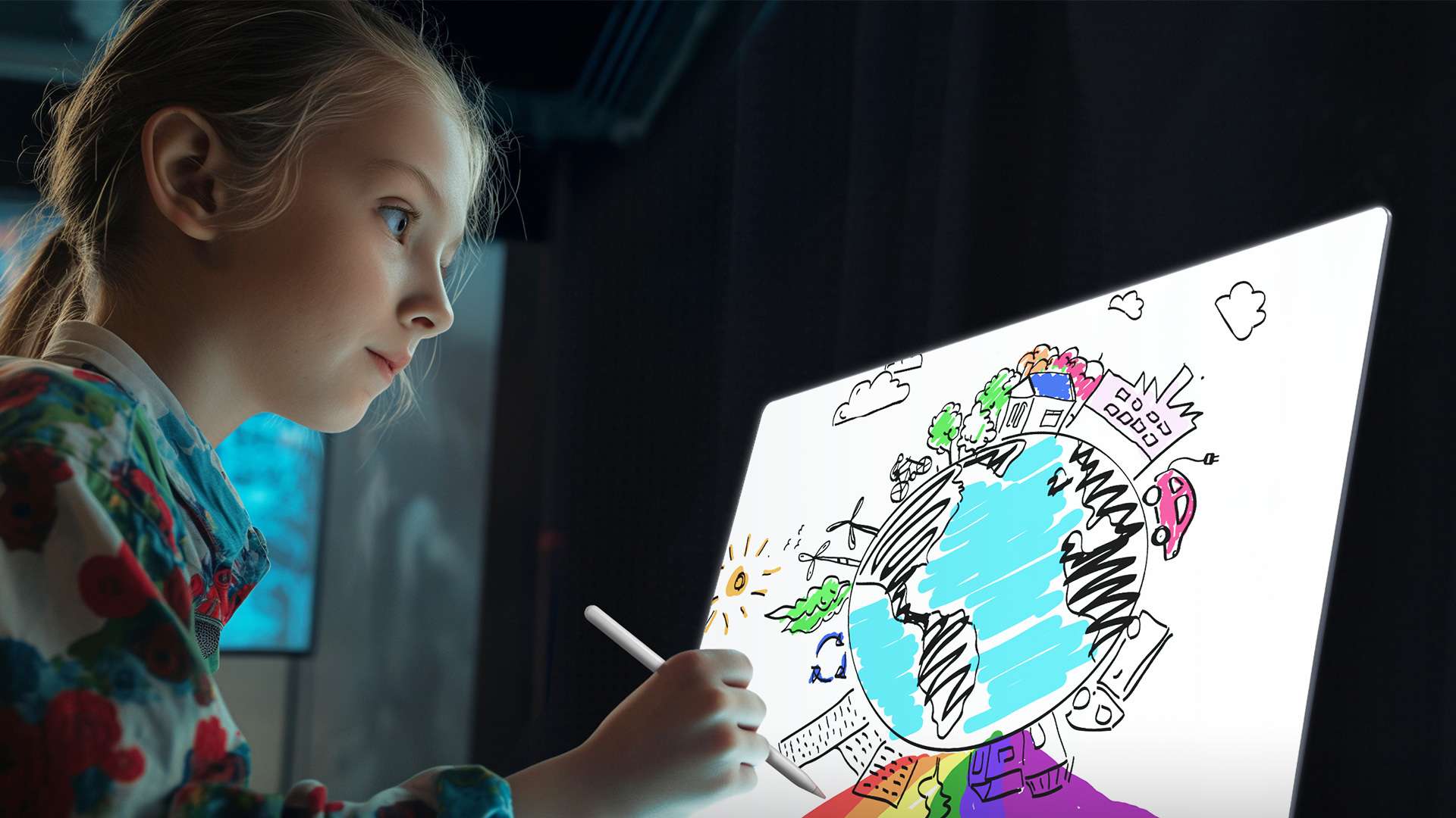 An image showing a child's drawing upgraded through AI next to the original drawing.