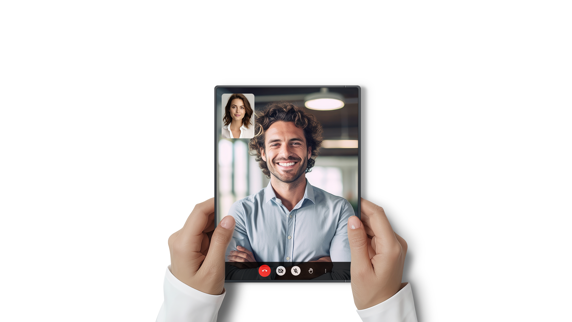 An image of a person holding a tablet with both hands, simultaneously conducting a video call and writing meeting notes.