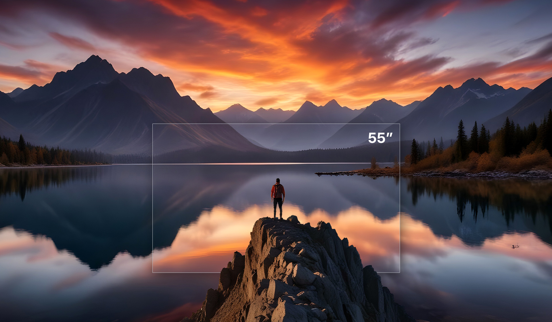 A man standing on a rock above a lake and mountains as the sun sets.