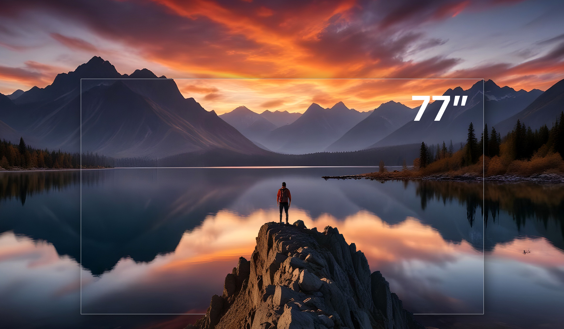 A man standing on a rock above a lake and mountains as the sun sets.