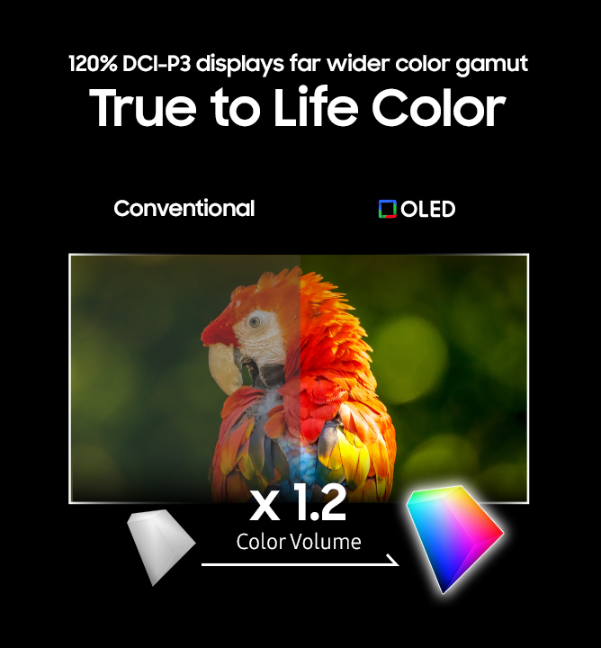 “True to Life Color” below the phrase The parrot image is split left and right to show that the Samsung OLED on the right has better image quality than the conventional on the left.