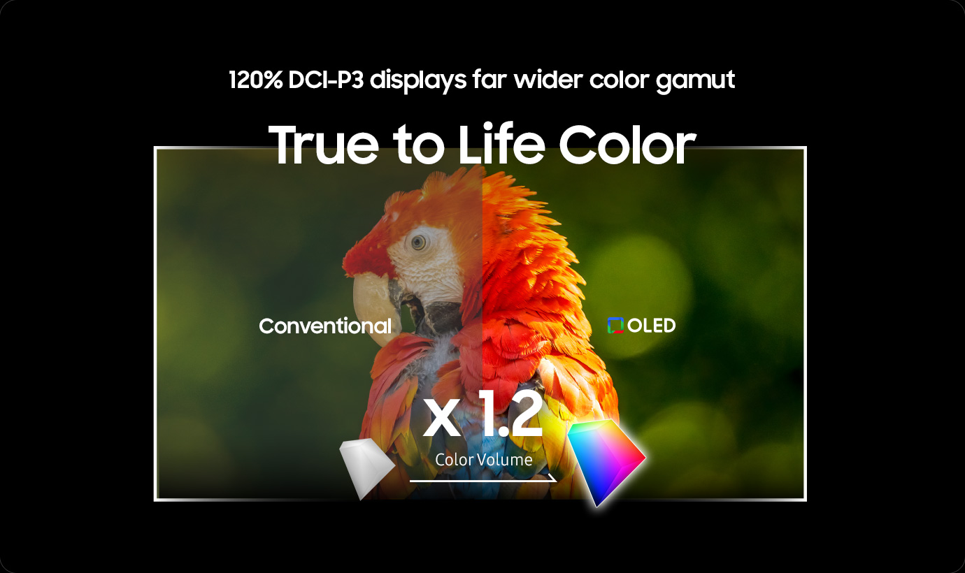 “True to Life Color” below the phrase The parrot image is split left and right to show that the Samsung OLED on the right has better image quality than the conventional on the left.